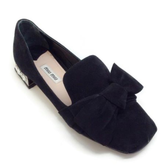 Miu Miu Black Suede Bow Jeweled Donna Loafers 38 - Picture 3 of 12